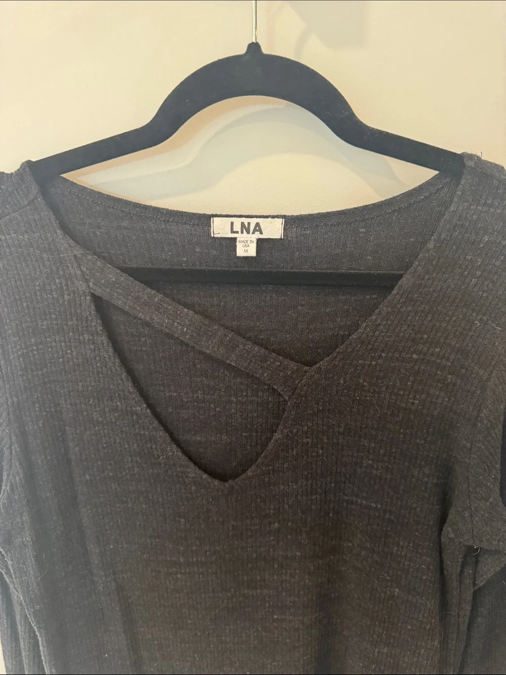 LNA Black Cross-Detail V-Neck Long Sleeve Top